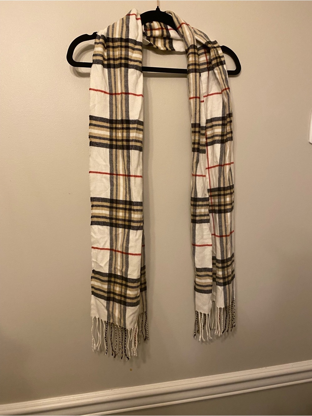 Lightweight Plaid Fringe Scarf Wrap in White and Tan